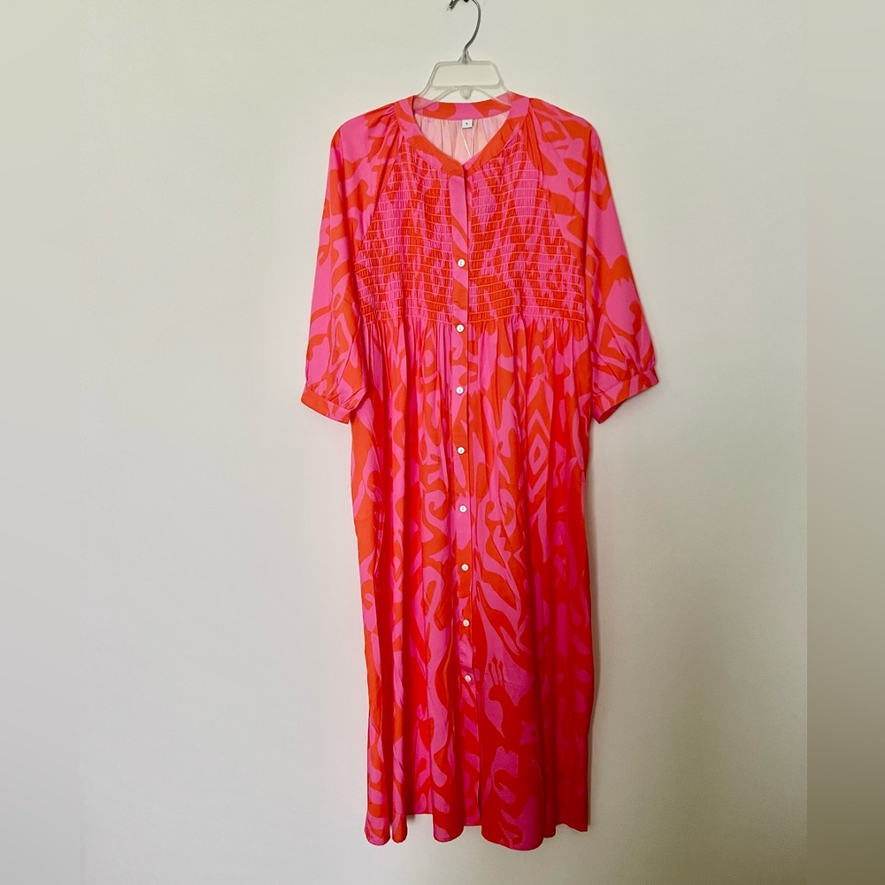 NWT Made with Love Women’s L button up dress Orange/Pink Geometric Design